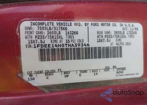 1996 Ford Econoline E150 Van z USA, uszkodzony, nr VIN 1FDEE14H0THA39346